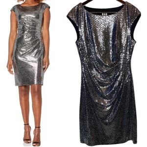 Anne Klein Sequin Ruched Sheath Dress Silver‎ Cap Sleeve size 10